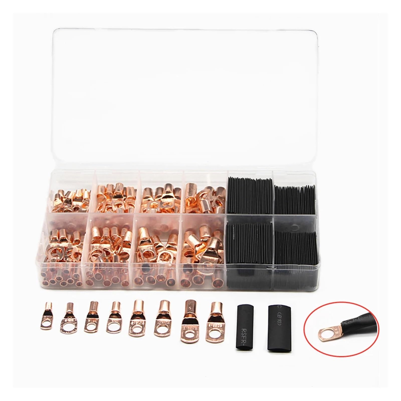 Terminali ad anello in rame SC da 260 pezzi Terminali a crimpare for cavi nudi Capicorda e kit di assortimento termorestringenti