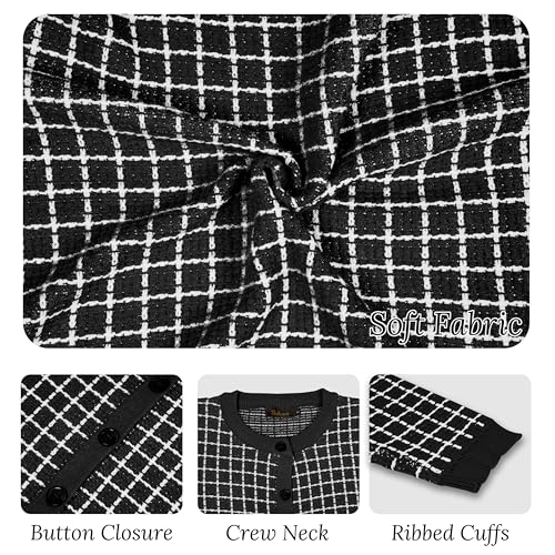 Image of Women's Long Sleeve Crew Neck Plaid Cardigan Sweaters Open Front Button Down Classic Knit Soft Coat Tops