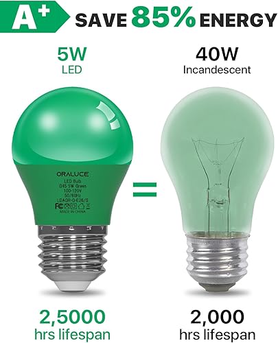 Miniatura 5 de ORALUCE Bombilla verde de porche equivalente a 40 vatios, bombillas LED A15 para decoración e iluminación de fiestas de Halloween, Navidad, bombilla