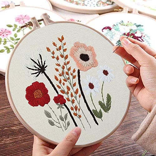 Uphome 3 Pack Embroidery Starter Kit for Beginners Stamped Cross Stitch Kits with Cute Flowers and Plants Patterns with 1 Embroidery Hoop and Color Threads for Adults Kids - 3