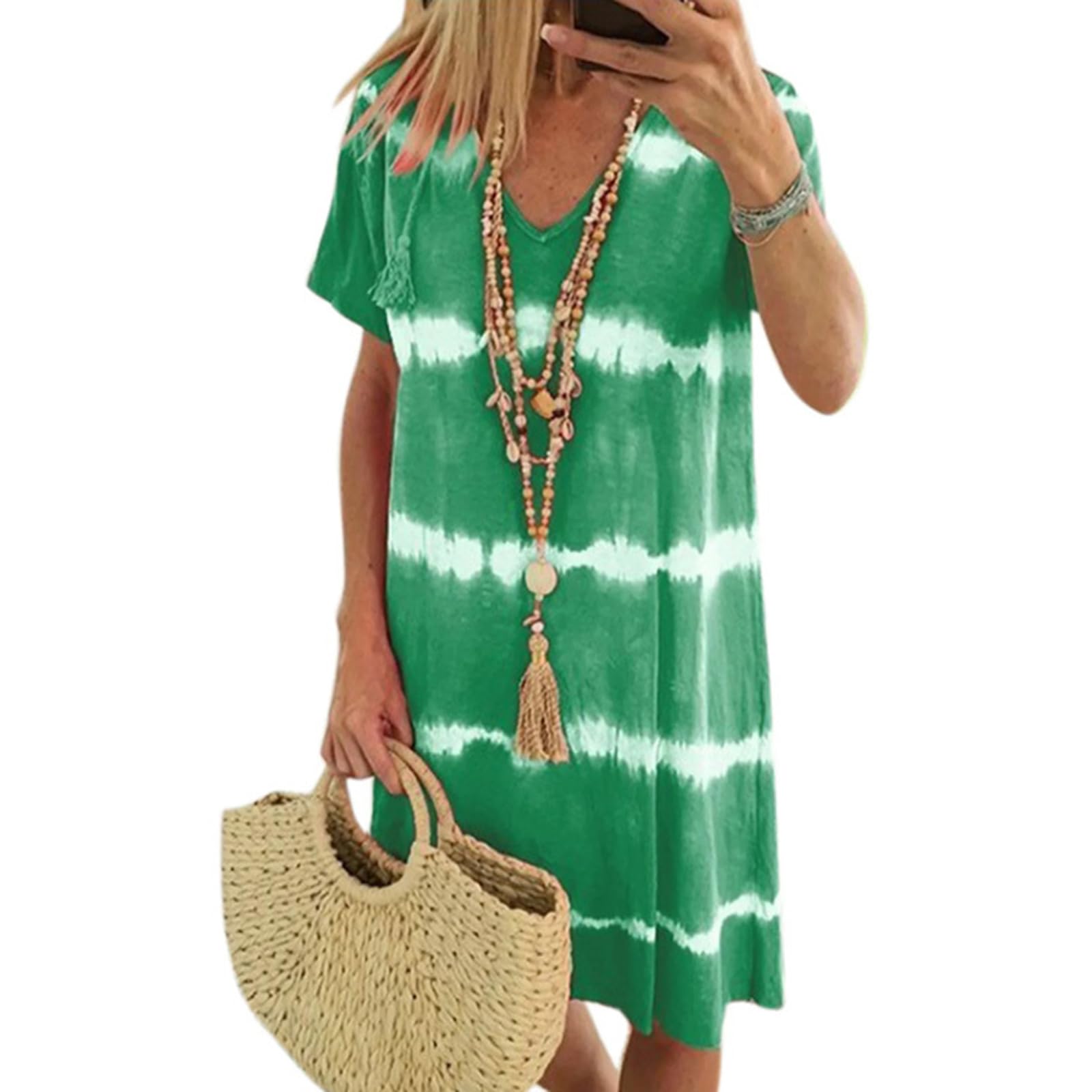 BIUBIULOVE Vestido De Camiseta Suelto De Manga Corta A Rayas Tie-Dye,Vestidos Midi De Manga Corta De Verano para Mujer 2024,Vestidos Midi De Playa con Cuello En V