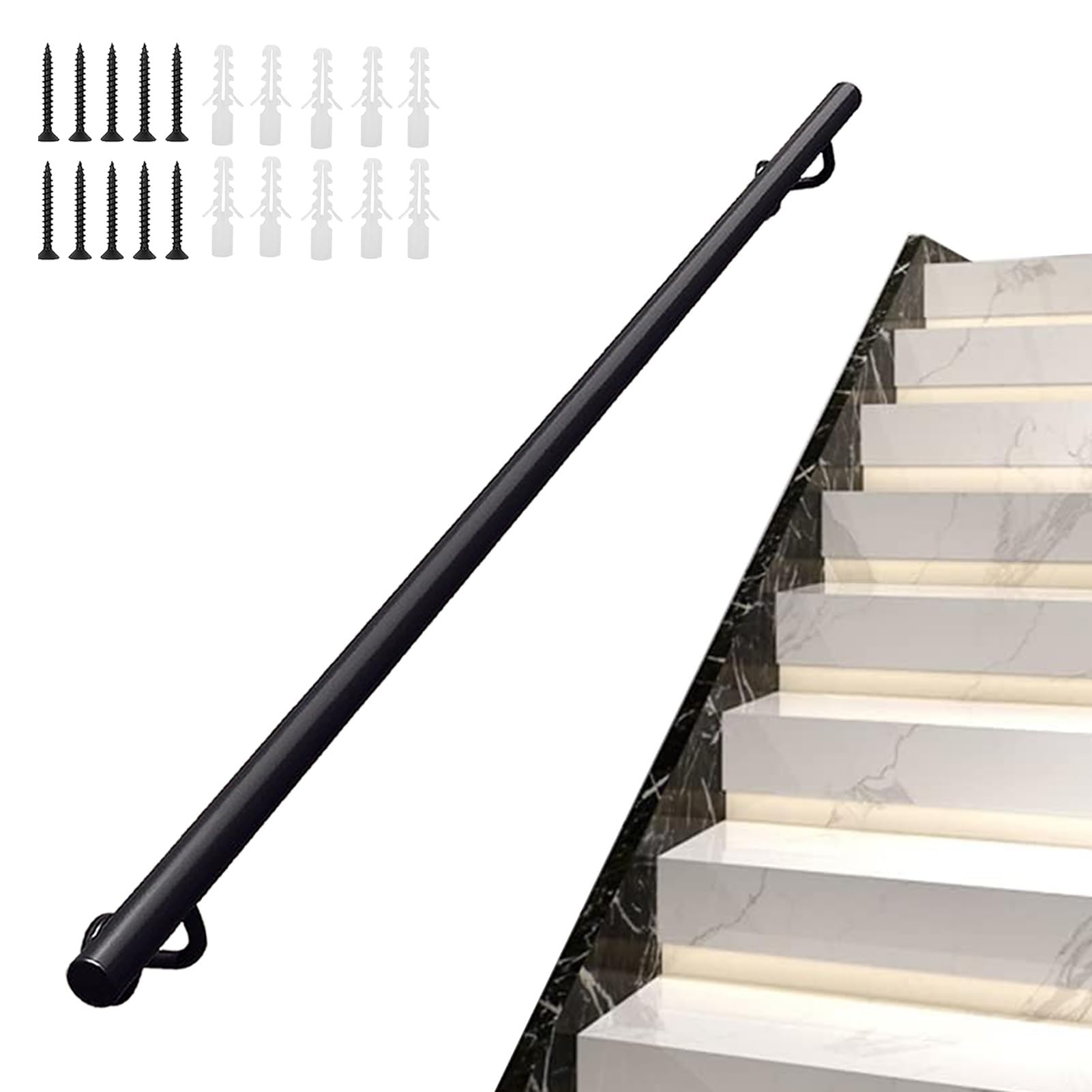 Fkxsxaz Black Stair Handrail For Indoor & Outdoor, 30Cm-600Cm Industrial Railings Safety Grab Bar, Wall Mounted Balustrades Staircase Hand Rails With Installation Kit, (18Ft/540Cm)