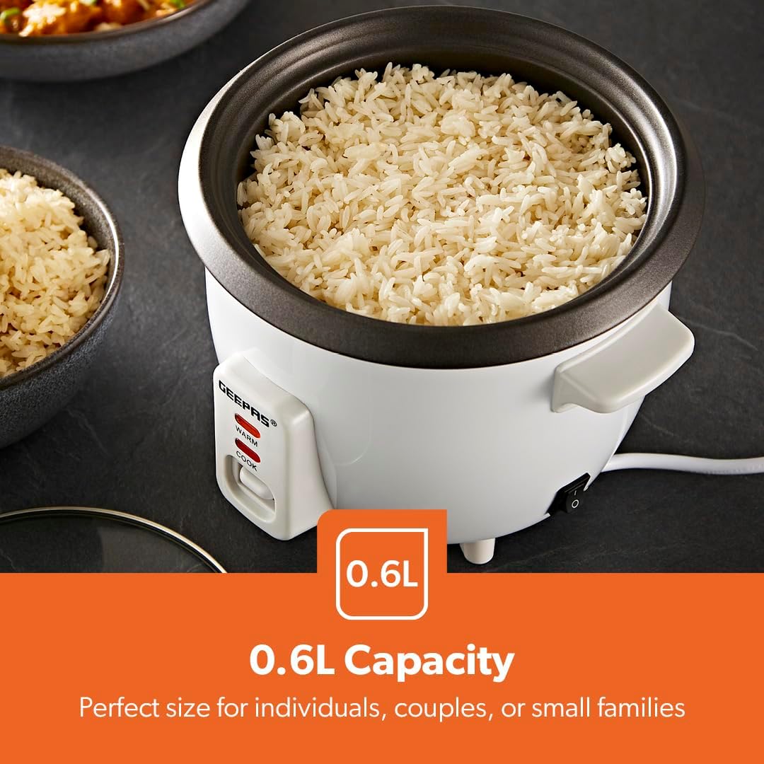 Geepas Rice Cooker on a kitchen counter with a 0.6L capacity label, suitable for small portions.