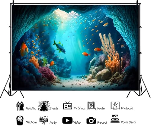 Miniatura 3 de Fondo de mundo submarino de 5 x 3 pies para sesión de fotos, fondo de arrecife de coral de peces tropicales para fotografía, pancarta oceánica,