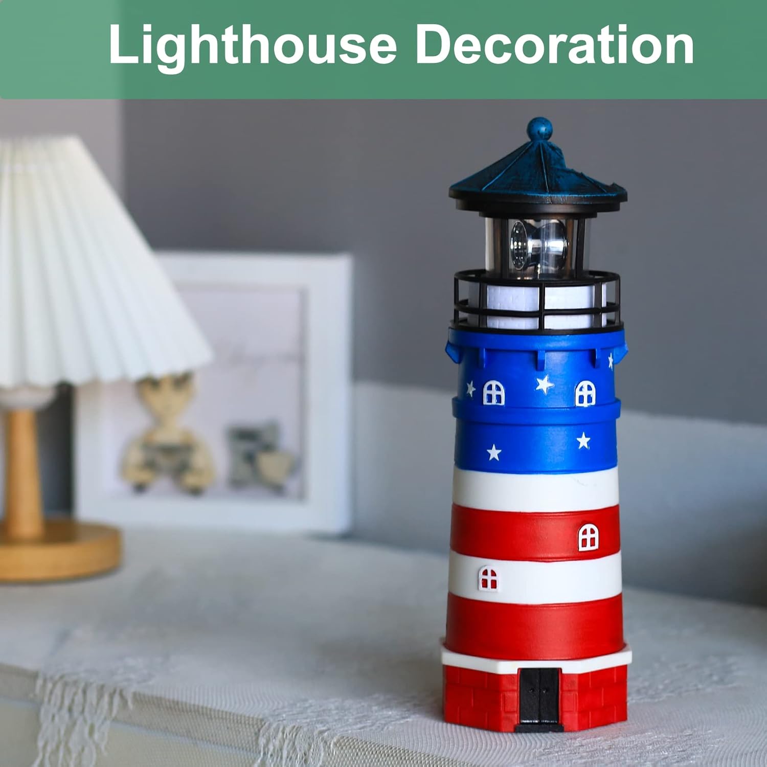 Solar Powered Lighthouse Decor,Solar Lighthouse with Rotating Beacon, 360 Degree Rotating Lighthouse Decoration, Best Lighthouse Gifts for Children(US Flag Blue Top)