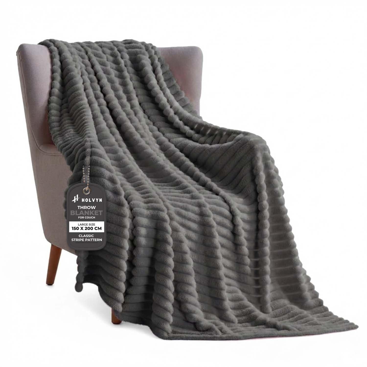 Holvyn Grey Flannel Fleece Throw Blanket Soft Fluffy Striped Blanket For Adults, Kids & Teens, Cozy All-Season Throw For Sofa, Bed & Couch, Polyester Fleece (, Large 150X200 Cm)
