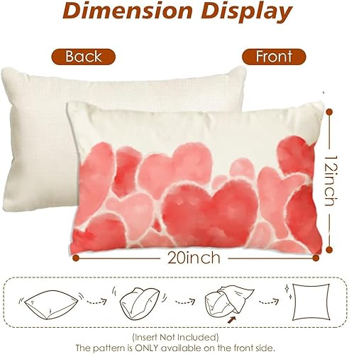 Miniatura 7 de RABUSOFA Fundas de almohada de San Valentín de 12 x 20 pulgadas, almohadas de corazón rojo y rosa acuarela, almohada decorativa blanca, aniversario,