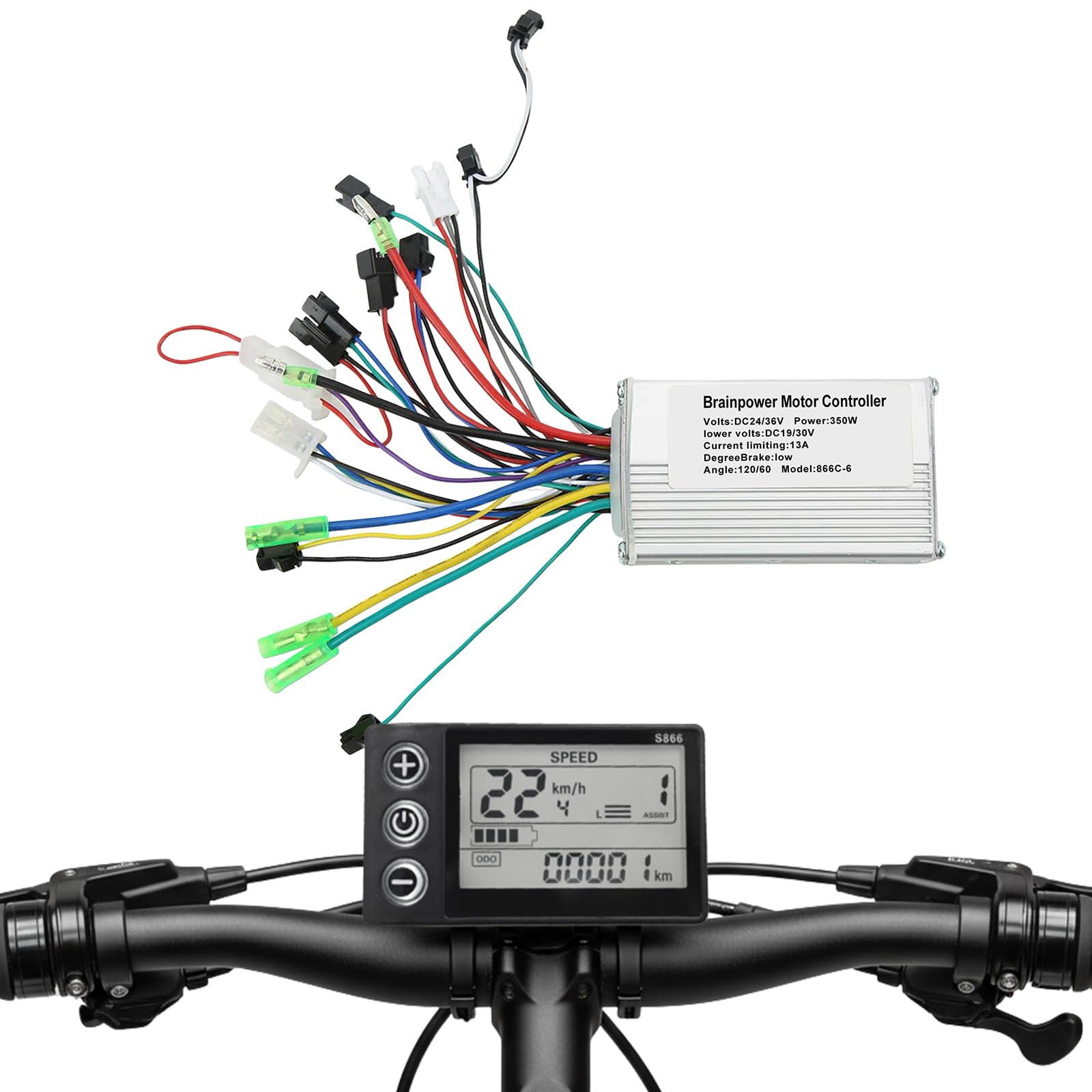 Motore elettrico senza brushless, controller motore senza spazzole con display LCD per e-bike, mountain bike e scooter, indicatore di livello di carica e velocità 866, 24 V/36 V 350 W