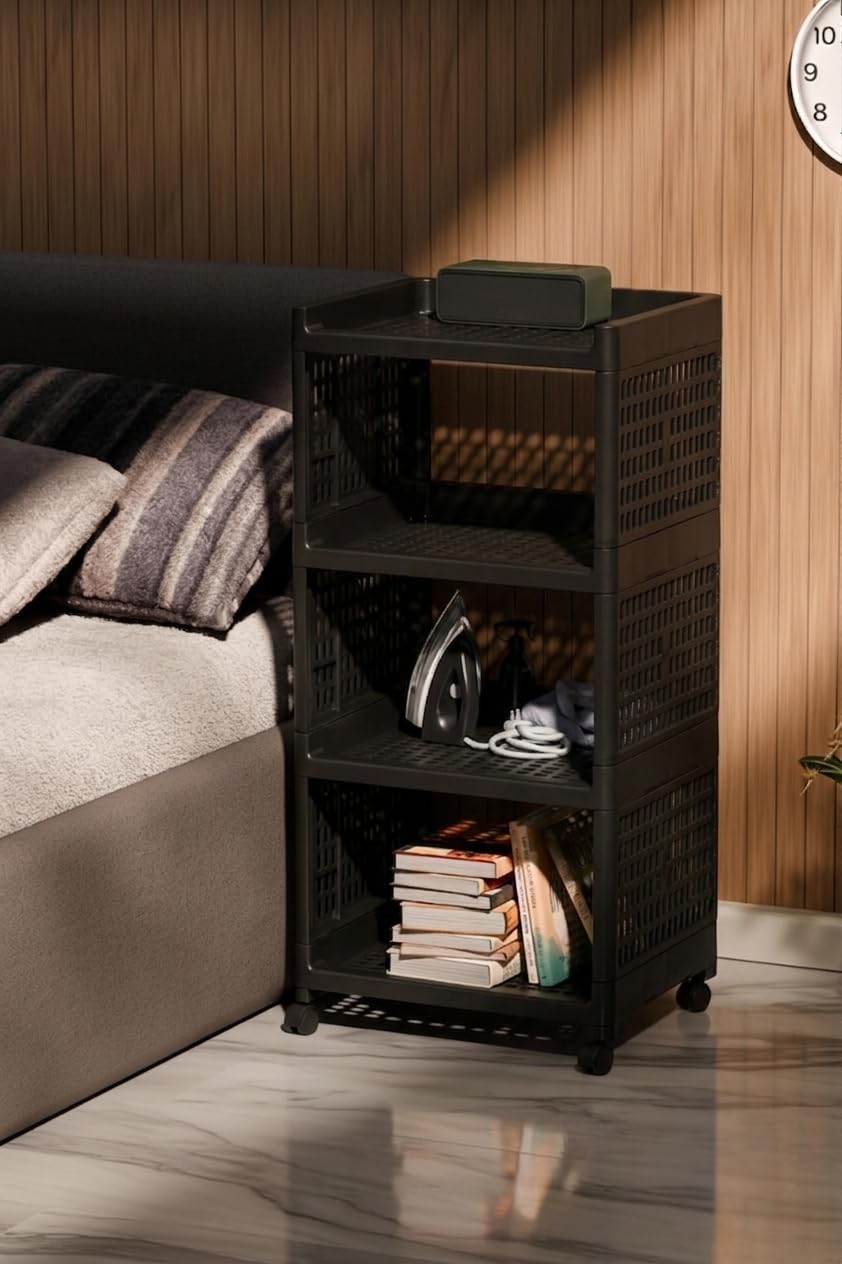 SUBEKYU 4 Shelves Multi-Purpose Organizer | Modular Storage Box for Clothes, Kitchen, Bathroom & Living Room, Space-Saving Wardrobe Closet Cabinet, Set of 1, Black-image-36