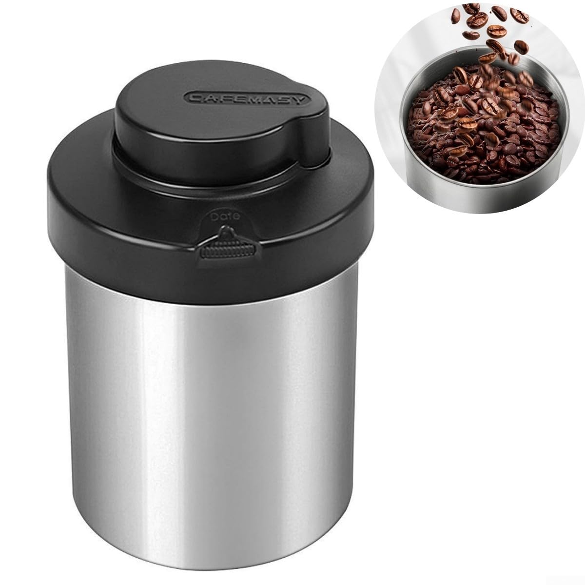 Barattolo per chicchi di caffè con coperchio sottovuoto da 1500 ml, in acciaio inox, ermetico, per uso in cucina, con accesso a bocca larga