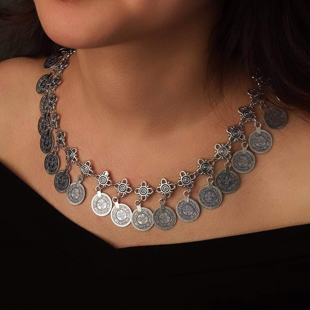 CanB Gypsy Coin Pendant Necklace Fashion Turquoise Silver Statement Necklace Chain Charm Vintage Necklace Jewelry for Women Girls - Image 2
