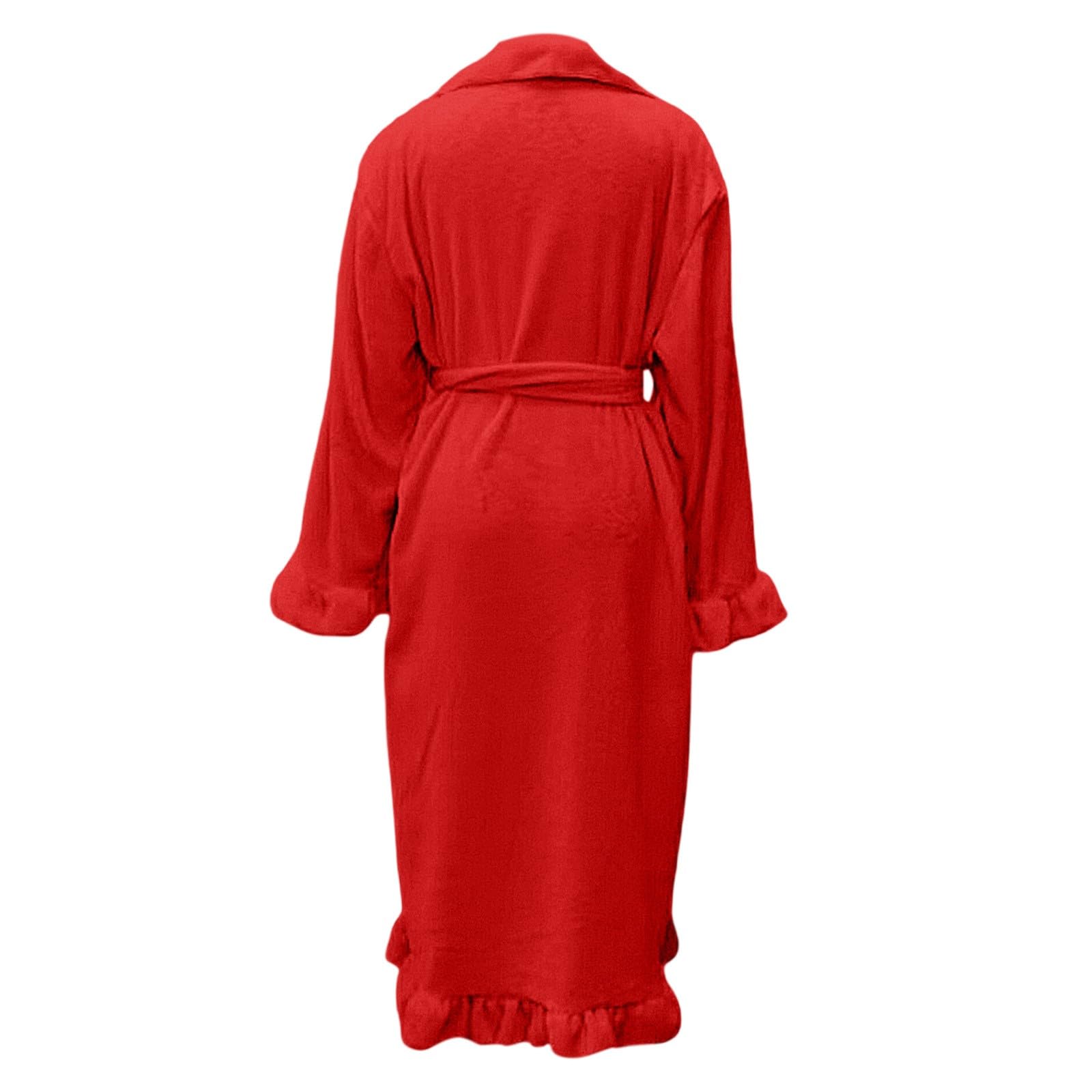 Generisch Accappatoio da donna in flanella, a maniche lunghe, termico, tinta unita, elegante, con tasche, legatura in cintura, per serate accoglienti