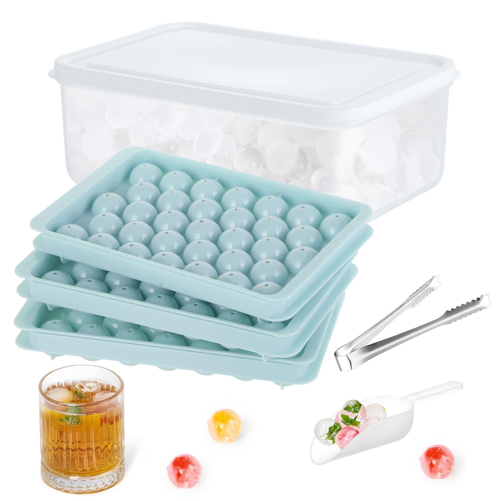 3 Blocs Bac à Glaçons Ronds 2cm - Moule Glaçons Avec Couvercle, Pince Et Pelle, Jusqu'à 99 Glaçons Pour Cocktails Et Boissons