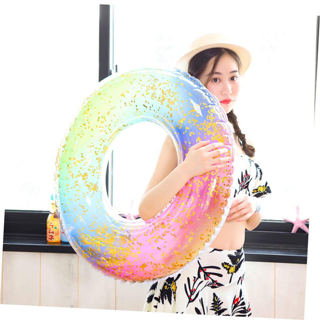 BCOATH Heavy Duty Inflatable Pool Toy Rainbow Swim Ring Sequins 80cm Fashion Float Ring for Adults Boys and Girls Swimming Aid