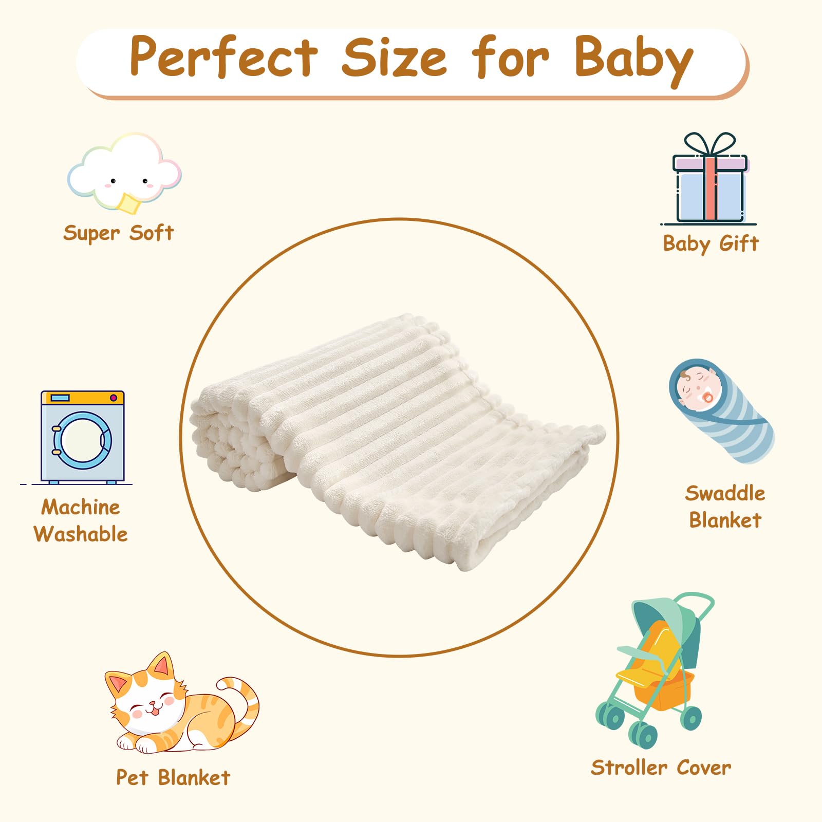 Soft Fleece Baby Blanket Ultra Cozy Baby Blankets for Boys Girls Warm and Lightweight Infant Toddler Newborn Receiving Gift with Reversible Stripes for Crib Stroller, 30x40 Inch, Cream