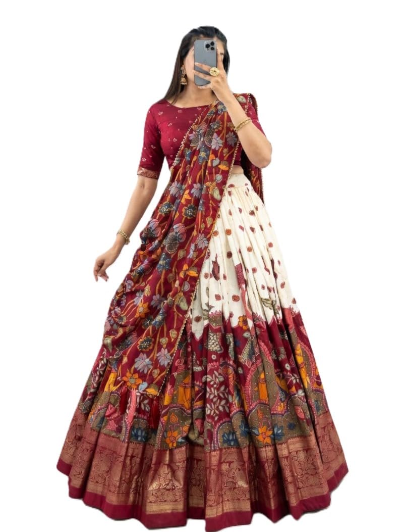 Women’s Printed Lehenga Choli Set | Tusser silk Traditional Indian Ethnic Wear for Weddings, Festivals & Party | Designer Lehenga with Matching Dupatta Free Size And Semi-Stitched