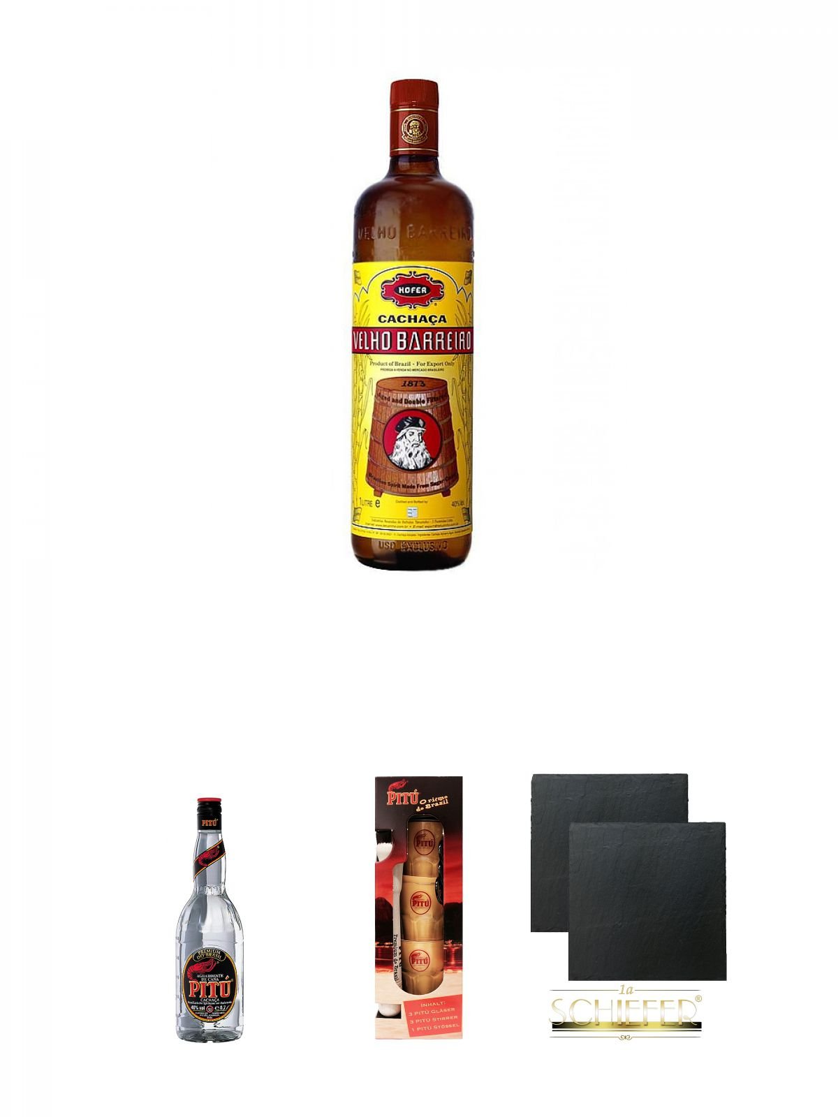 Velho Barreiro Silver Cachaca Originalabfüllung 1,0 Liter + Pitu Cachaca 1,0 Liter + Pitú Geschenkset 3 Gläser, 3 Stirrer, 1 Stössel + Schiefer Glasuntersetzer eckig ca. 9,5 cm Ø 2 Stück