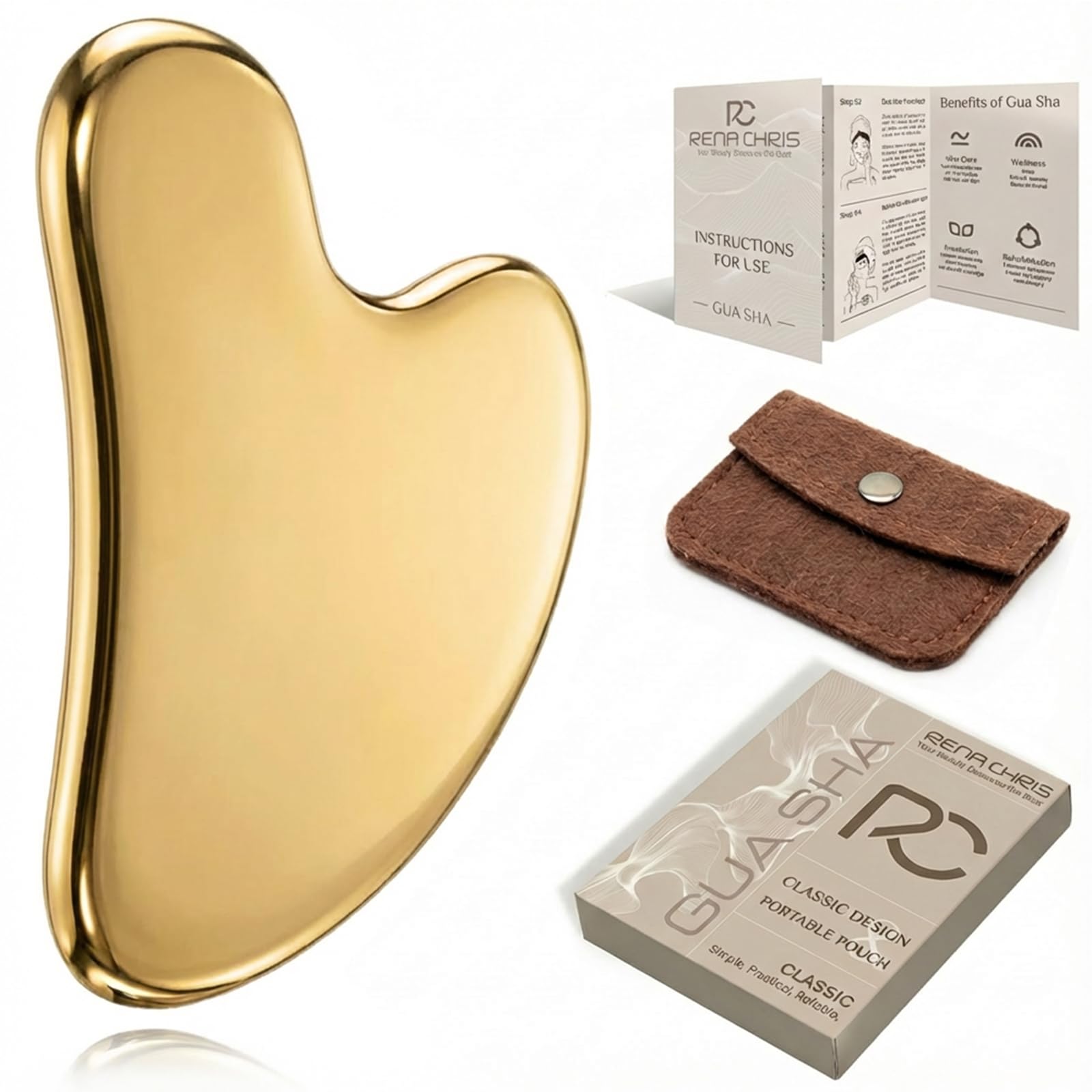 Rena Chris Gua Sha Facial Tools, Stainless Steel Guasha Tool -Golden