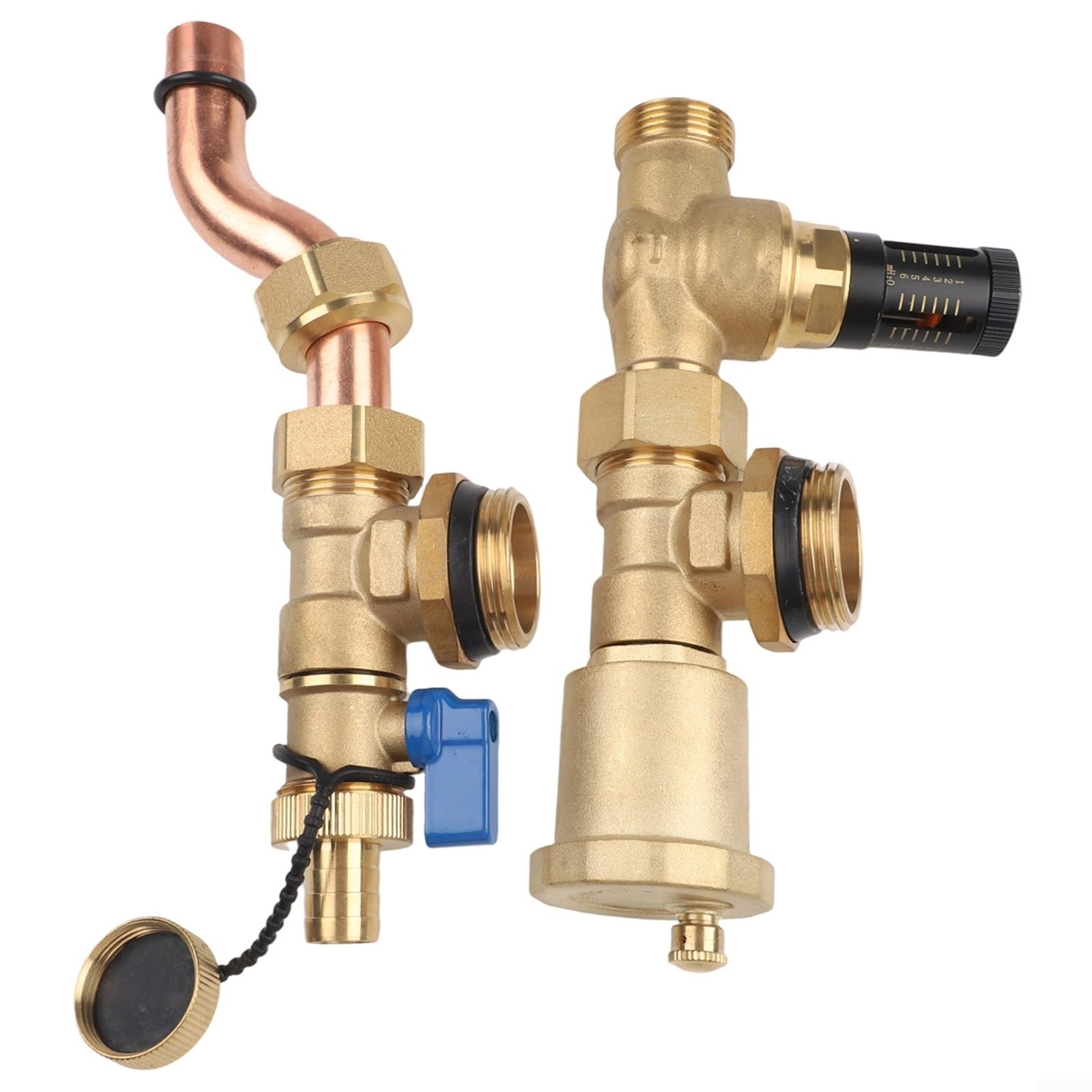 Valvola di bypass di pressione differenziale in ottone con sfiato automatico e display a doppia scala per sistema collettore di riscaldamento a pavimento, distanza centrale 210 mm (ottone)