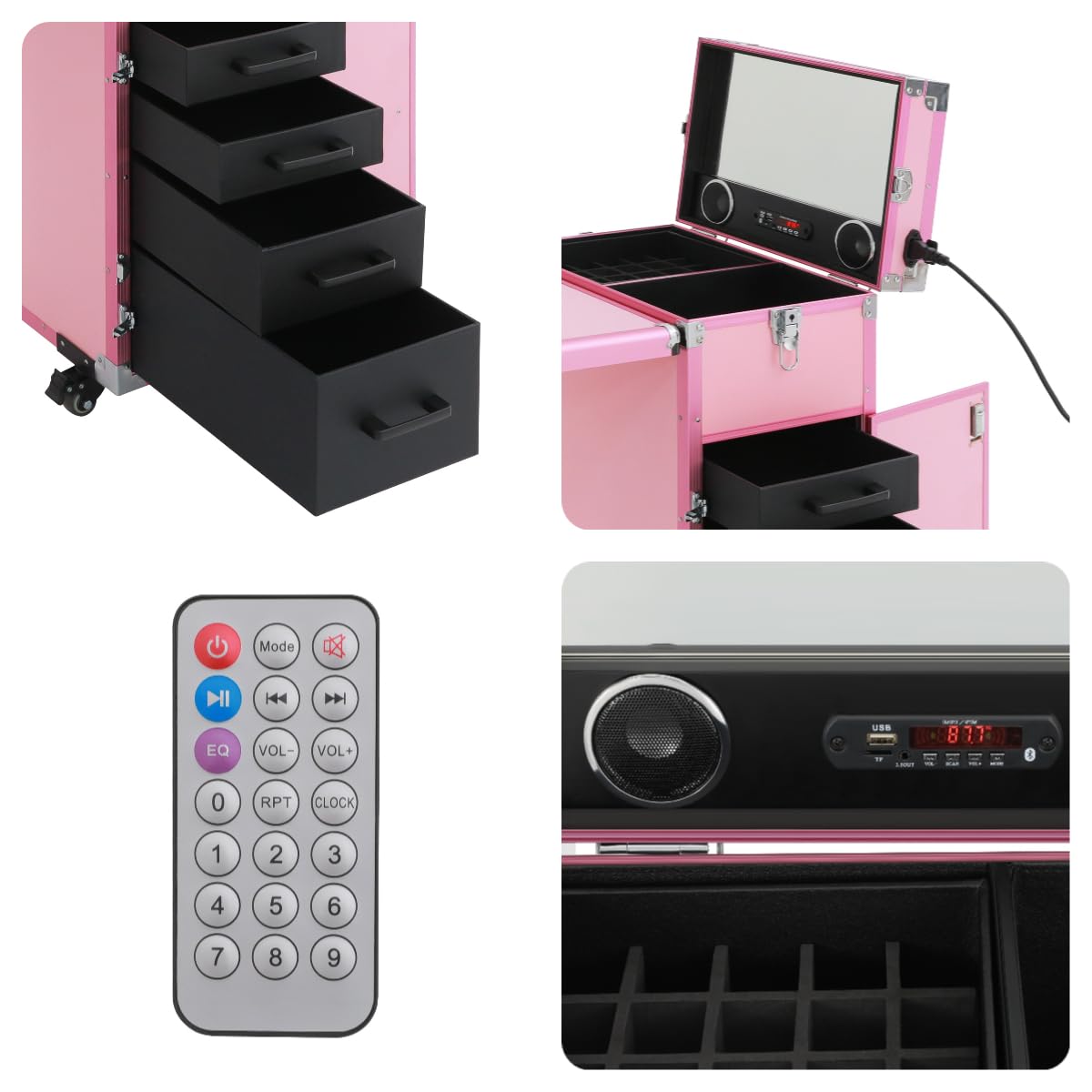 Rollender Maniküre Tisch mit Bluetooth Lautsprecher & Spiegel, Klappbarer Mobile Schminkwagen mit Feststellrollen, Makeup-Station für professionelle Kosmetik & Nageldesign (Rosa)