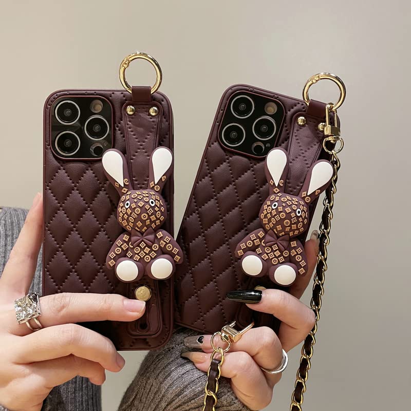 Casing for iPhone 14 Plus 13 12 Pro Max Dark Purple Cute Rabbit Wristband Leather Soft Shell Bunny Wrist Strap Phone Cases (Purple,iPhone 14)