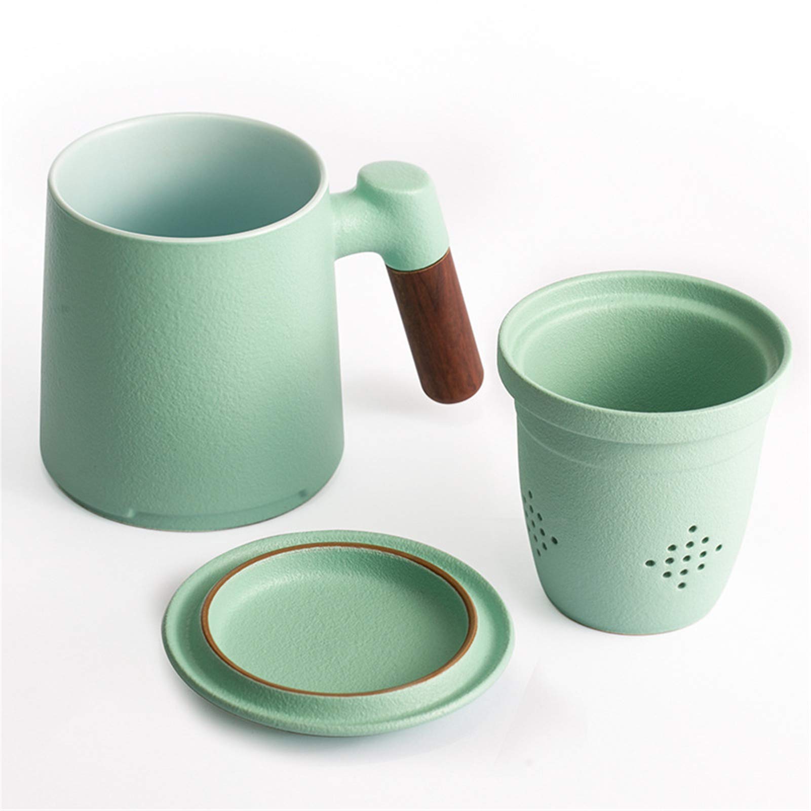 Teetasse Mit Deckel Sieb Und Holzgriff Porzellan Teebecher, 400ml Plastikfrei Cup Keramikbecher Set Zum Einweichen Von Tee, Für Büro Zuhause Oder Geschenk (Hellgrün)