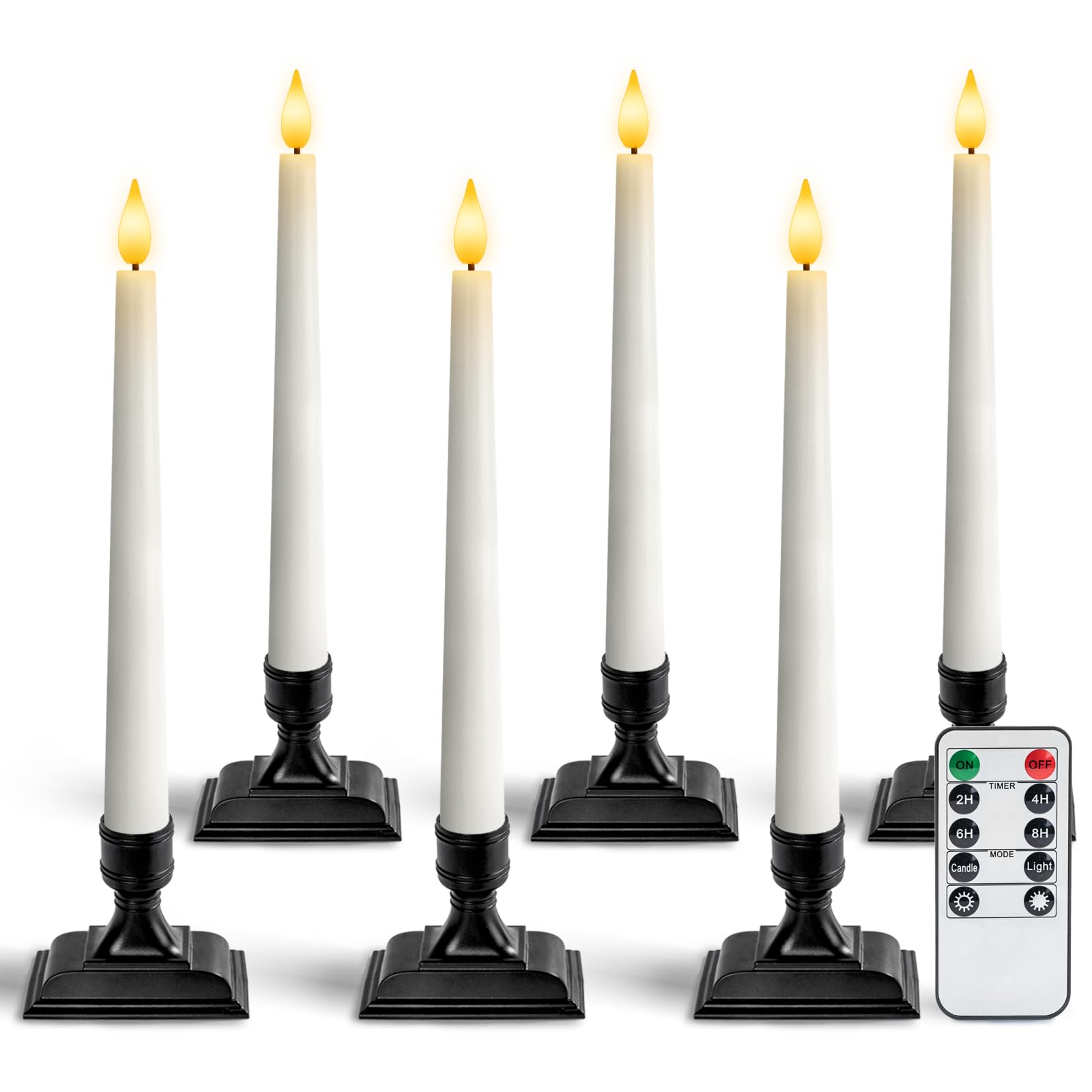 Homemory Wax Window Candles with Remote Timer Dimmer, Battery Operated Candlesticks with Holders, Christmas LED Candlesticks for Window Home Part Decor, 6 Pcs White