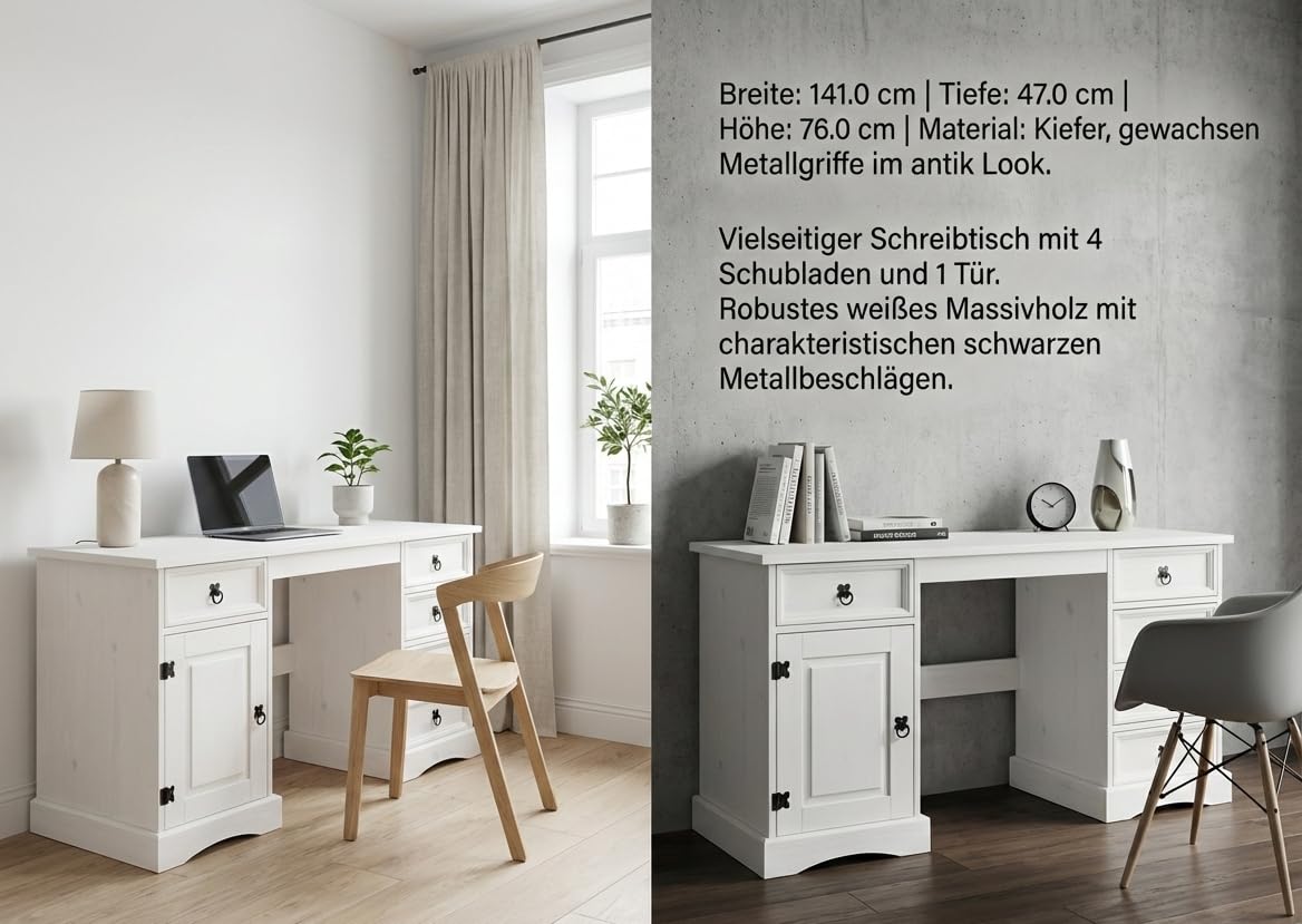 Hacienda-Look – Schreibtisch New Mexiko 5+1 Arbeitstisch PC Computer Büro Tisch weiß – 141x76x47 cm – 5 Schublade(n) – Massive Kiefer – Farbe Weiß – Hacienda-Stil – wärmender Massivholz-Look