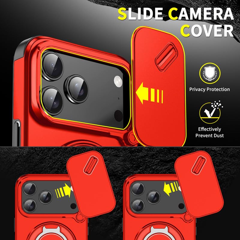 Image of LuxuryKase Shockproof Rugged Case for iPhone 17 Pro Max | Slide Camera Cover | 360 Rotating Ring Kickstand | Military-Grade Protection - Cherry Red