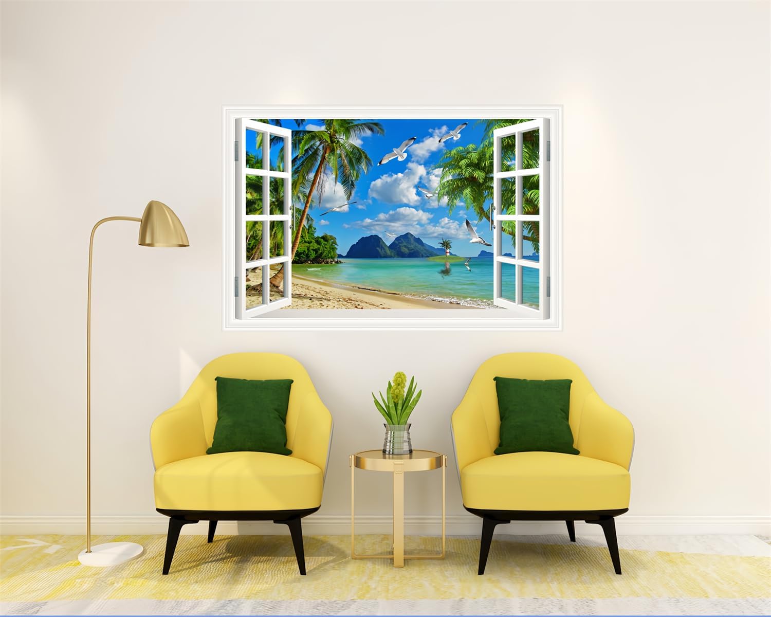 3D Self-Adhesive Painting Fake Window Wall Stickers Tropical Island with Palm Trees Wall Mural Window View Wall Decor for Home (V, 48"×32")