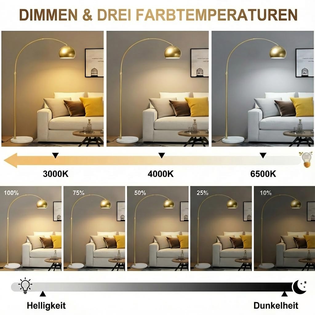 Stehlampe Wohnzimmer Dimmbar Gold, Modern Glockenschirm Design LED Stehleuchte mit Fernbedienung, Timer, 3 Lichtmodi und Speicherfunktion, 175cm Höhenverstellbar Bogenlampe Fußschalter Schlafzimmer