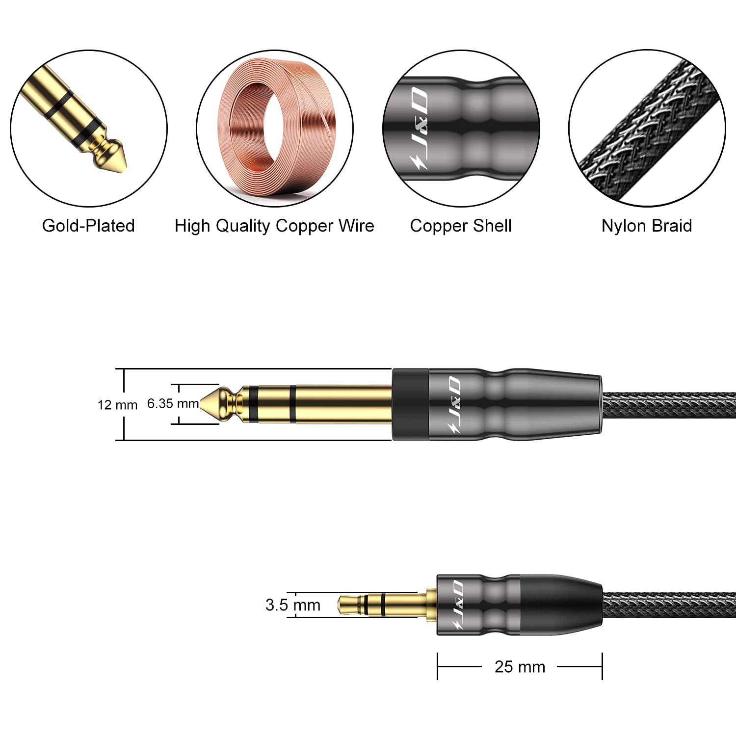 J&D 3.5 mm do 6.35 mm Kabel, 3.5mm (1/8 cala) Męska TRS do 6.35mm (1/4 cala) Męska TRS Kabel audio stereo z gniazdem z miedzią splecioną nylonem, 0,45 Metra
