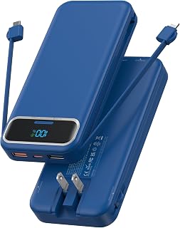 Nusyddy Portable Charger 12000mAh Fast Charging w/Built-in Wall Plug Navy | 22.5W Fast Charging, LED Display, Pass Through Charging, TSA Approved, Portable & Slim, Power Bank for iPhone, Samsung