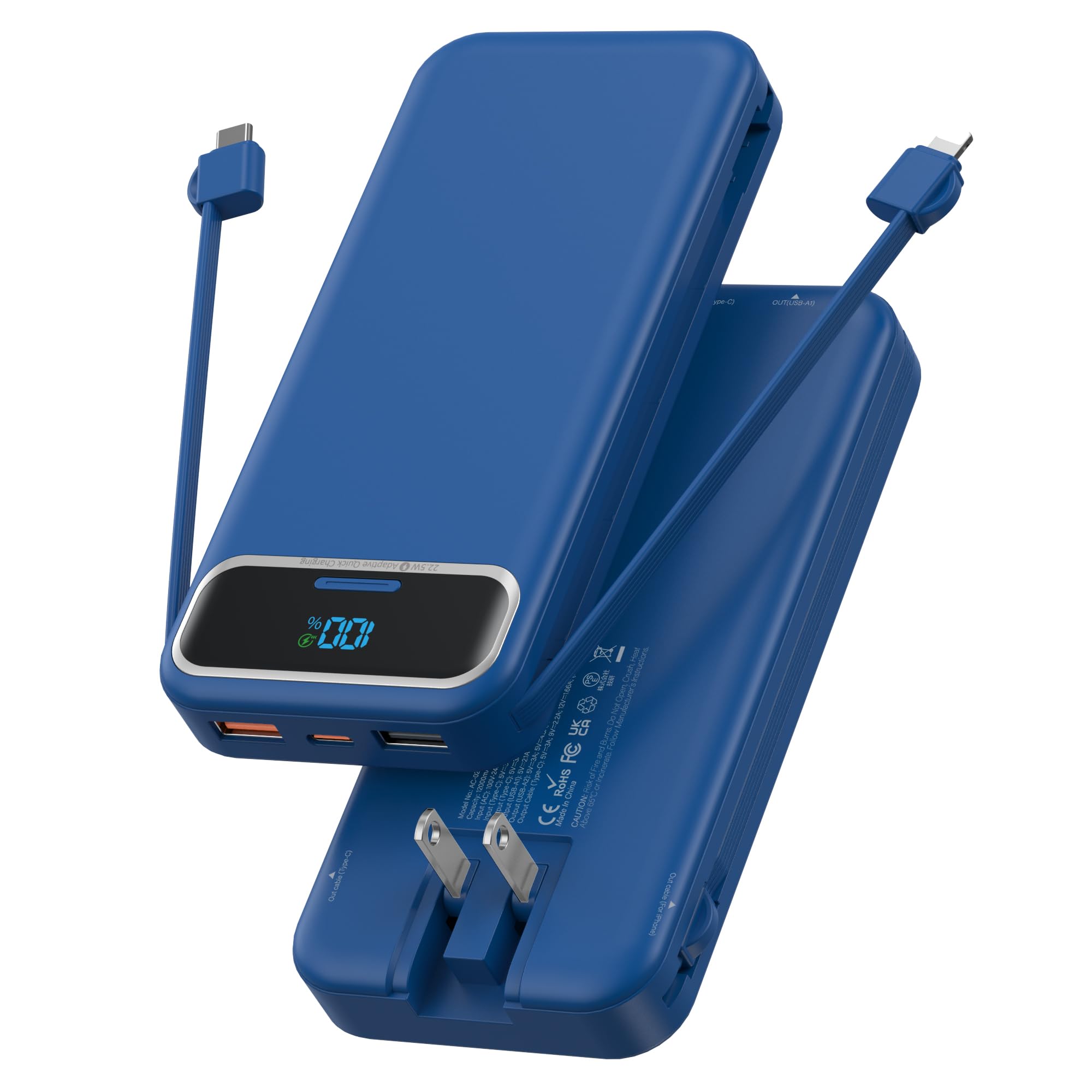 Nusyddy Portable Charger 12000mAh Fast Charging w/Built-in Wall Plug Navy
