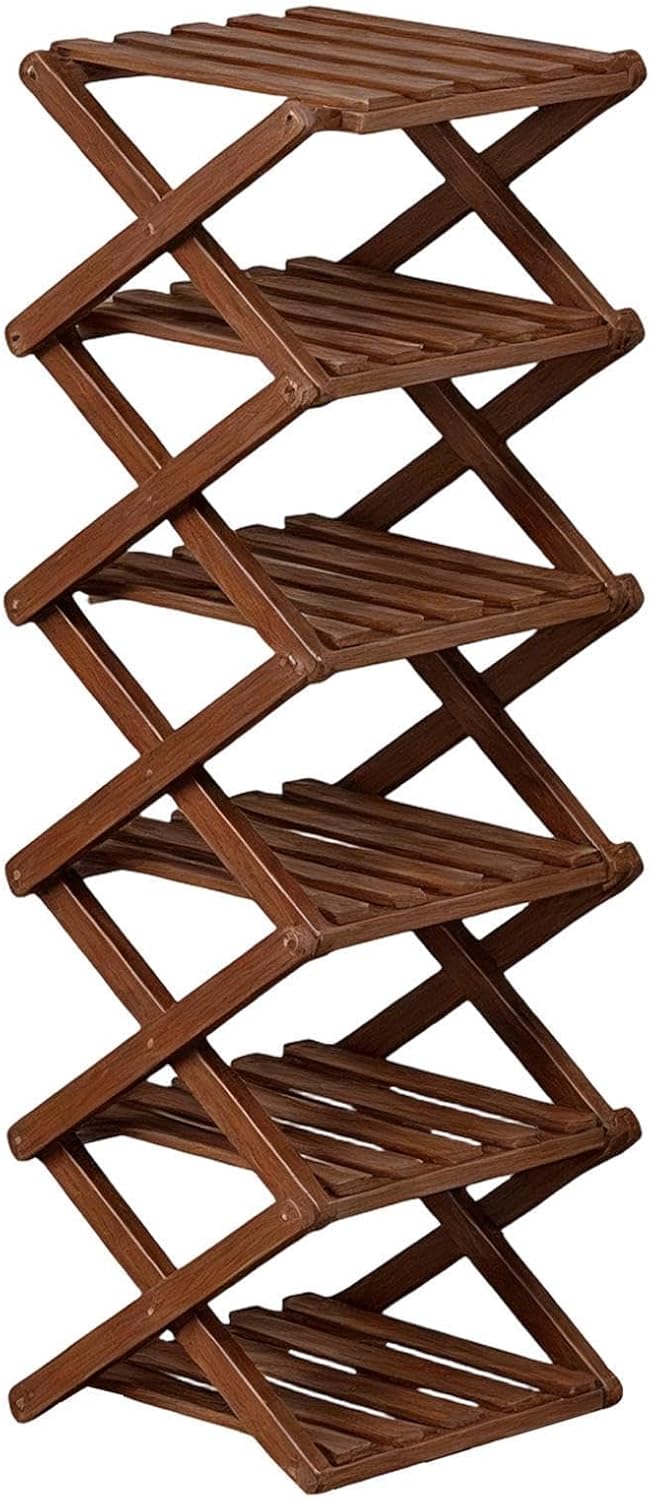 6Tier Folding Shoe Rack SpaceSaving Wooden Organizer No Assembly Required for Entryway Closet Living Room Bedroom & Bathroom（Brown）
