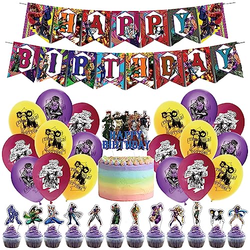 JoJo Decoracion Cumpleaños, LKNBIF 33 Piezas JoJo Decoraciones de Fiesta, JoJo's Bizarre Adventure Decoraciones Globos Anime Decoración de Tartas Banner de Feliz Cumpleaños para Niños