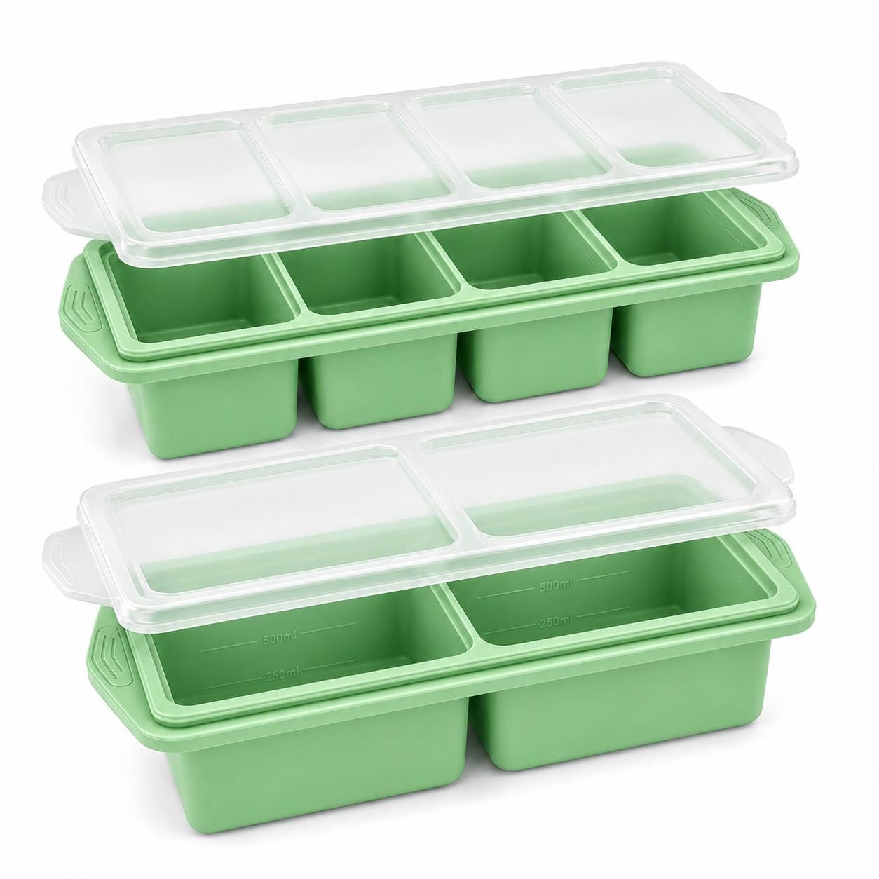 Heydiudiu Silicone Soup Freezer Molds with Lids – 1-Cup & 1/2-Cup Portion Ice Cube Trays for Freezer, Meal Prep & Food Storage, 250mL/125mL – 2 Pack 【Green】