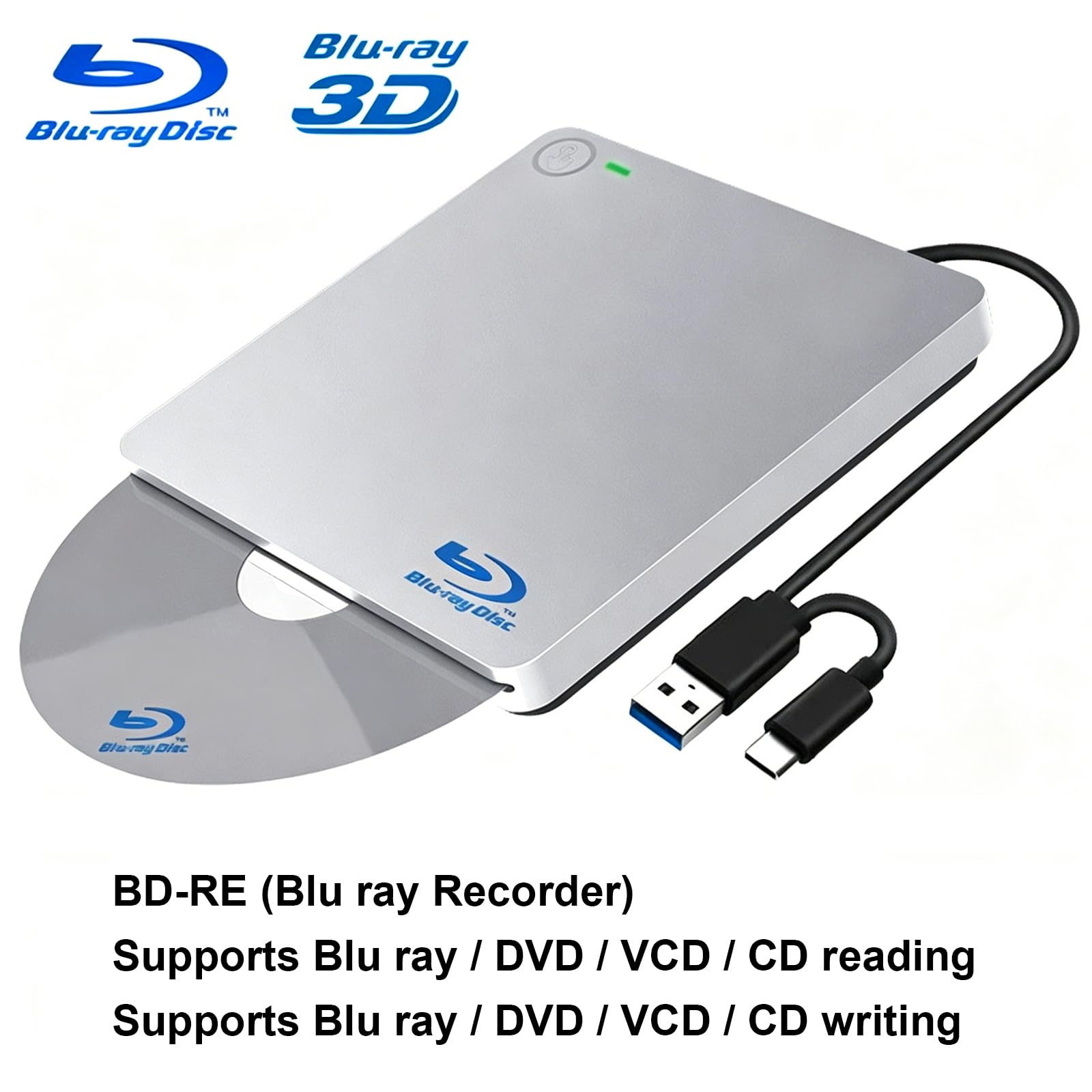 Colexy Externa de BLU Ray, Grabadora Externa USB 3.0 BLU Ray 3D DVD CD BD Grabadora de Aleación de Aluminio de Alta Velocidad Reproductor para Laptop, MacBook, PC de Escritorio