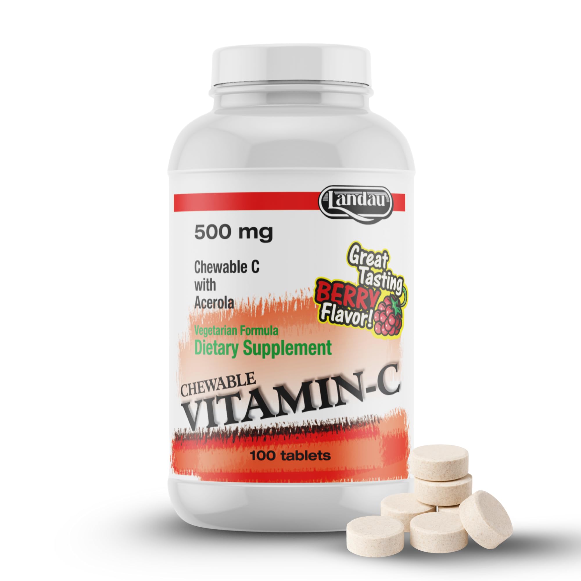 Landau 500mg Chewable Vitamin C Candy for Kids & Adults – Easy-to-Take Vitamin C Supplement with Acerola – Kosher & Made in The USA – Great Tasting Berry Flavor, 100 Tablets