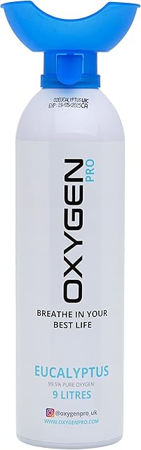 Oxygen Pro Canister Inhaler Cup - 9L of 99.5% Pure Oxygen Cylinder with Prime Grade Eucalyptus Essential Oils - Improves Concentration for Study - Aids Stress, Anxiety and Relaxation