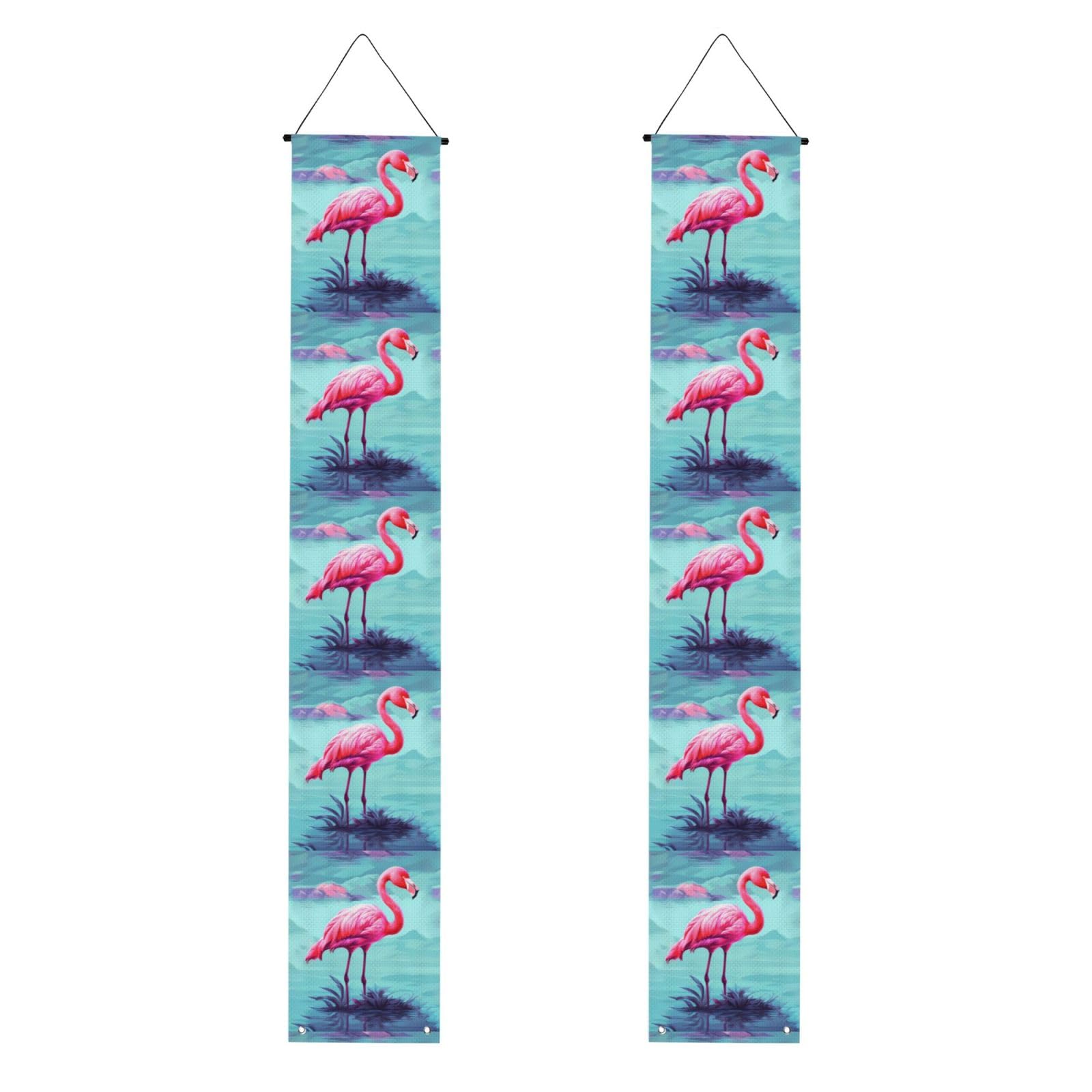 Flamingos Porch Banner 2PCS, Summer Hanging Flag Party Porch Sign Front Door Hanging Decorations for Indoor Outdoor Holiday Yard Decor Wall Backdrop 71 x 12 Inch