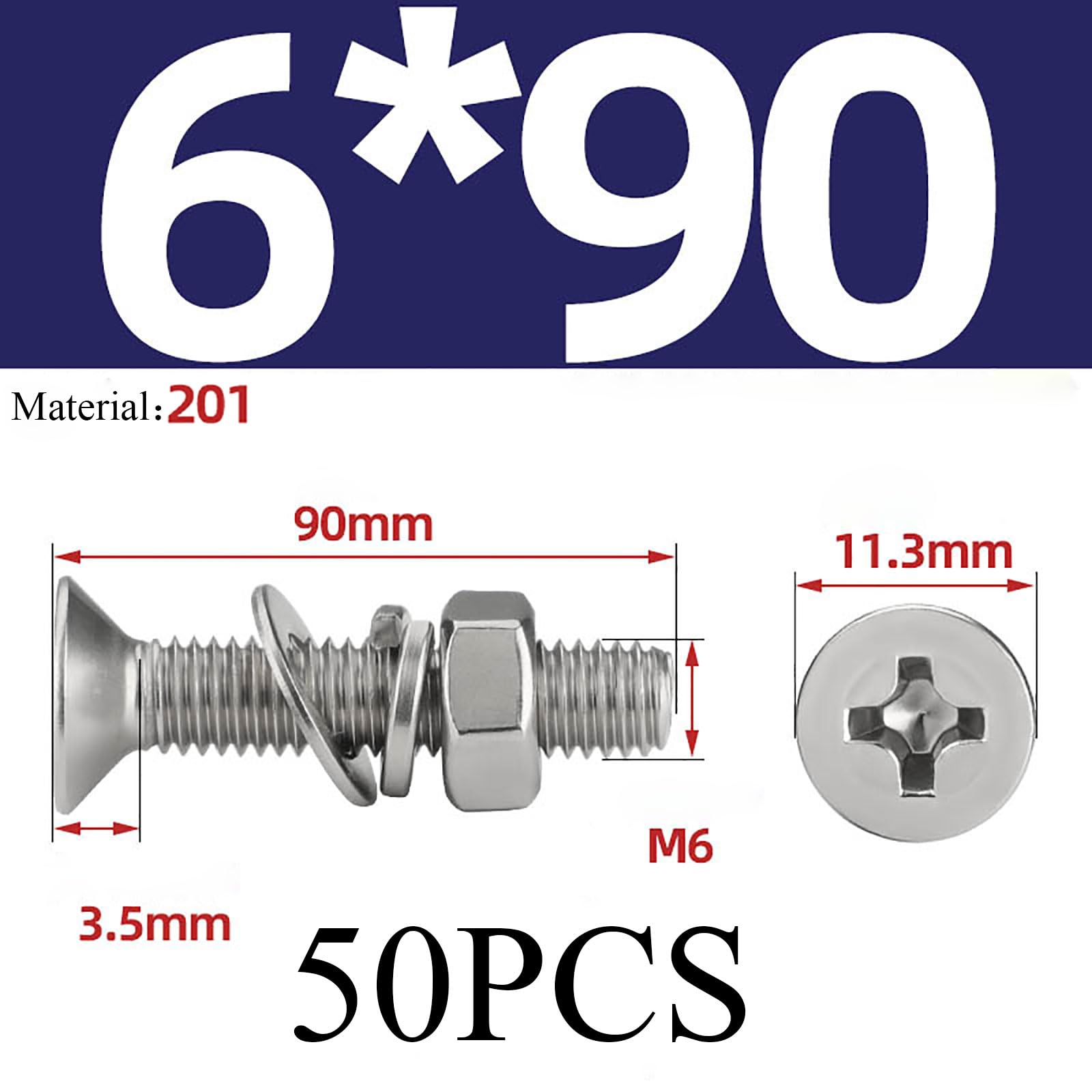 COYOUCO 50PCS M6X70/80/90/100Mm Tornillo de máquina de Cabeza Plana Cruz Roscado Empotrado Avellanado Tuercas de Tornillo Arandela de Seguridad Plana 201Acero Inoxidable,M6*90 50