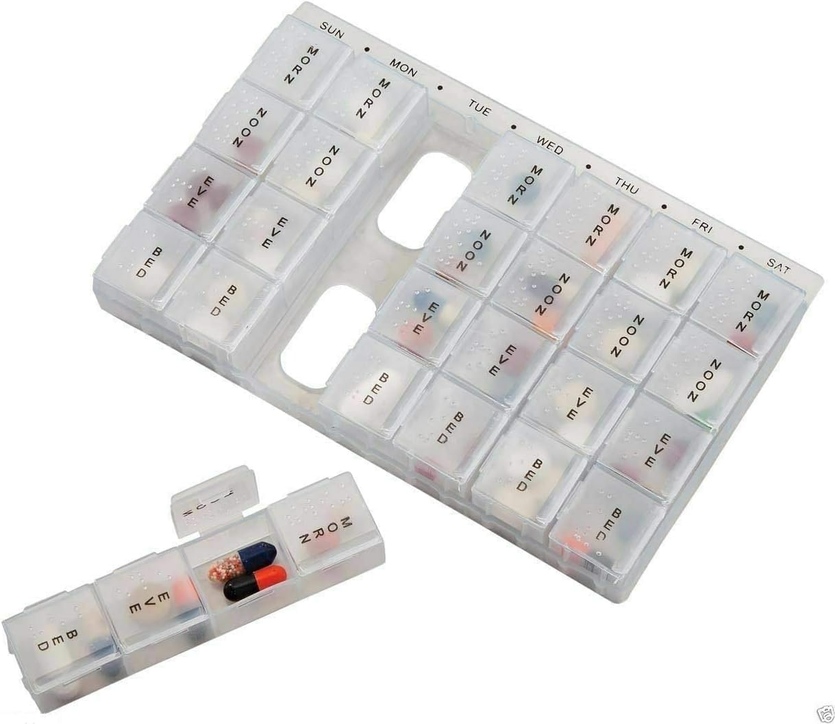 Pill Box Organiser GENERISE 7 Day Weekly Tablet Box Dispenser for Medication, Supplements, Vitamins - Daily or Weekly Pill Box with Detachable Daily Pill Boxes and Four Compartments per Day