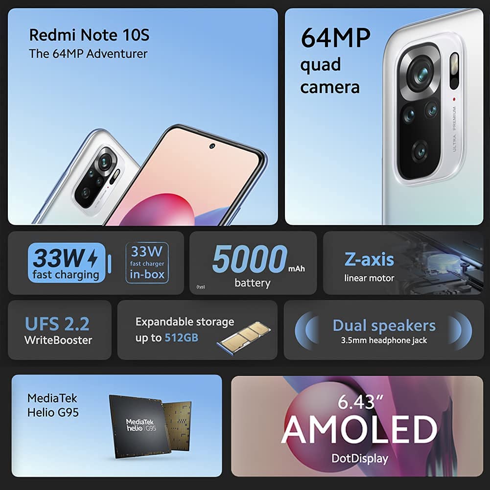 XIAOMI Redmi Note 10S Smartphone RAM 6 GB ROM 128 GB 6,43 '' AMOLED DotDisplay 64 MP Kamera 33 W Schnellladung MediaTek Helio G95 3,5 mm Kopfhörerbuchse 5000 mAh (typ) Akku Grau [Globale Version]