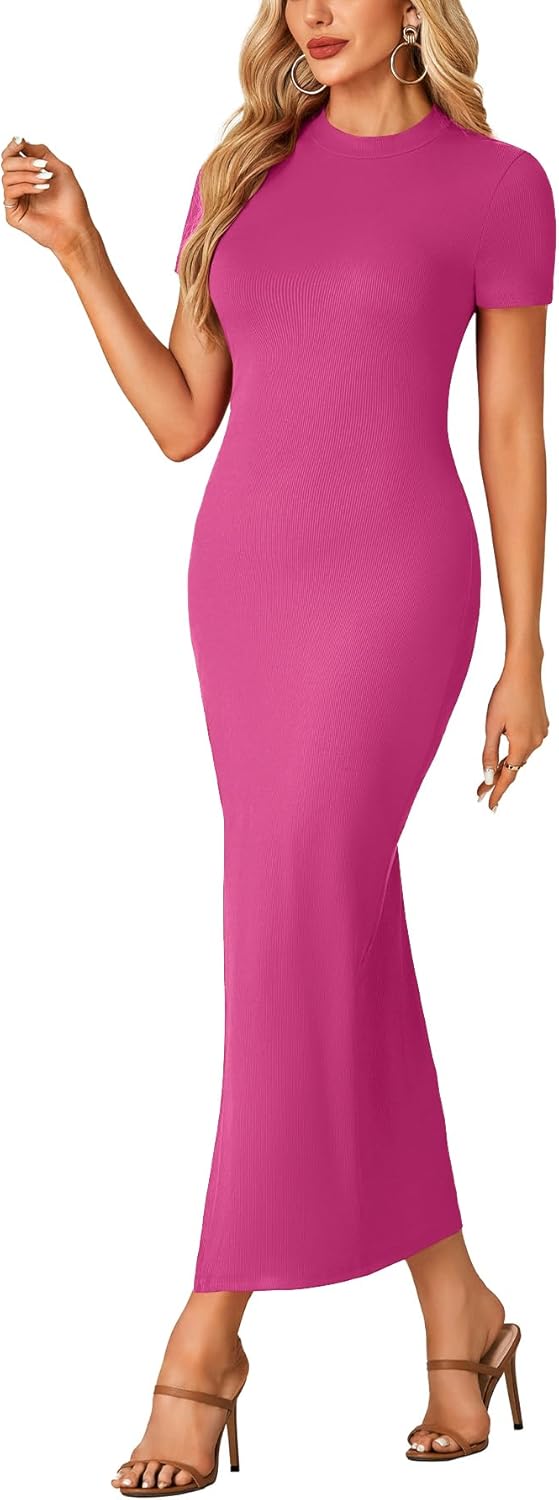 KIFOVEN Women's Short Sleeve Mock Neck Split Ribbed Knit Bodycon Basic Long Dress - Image 3