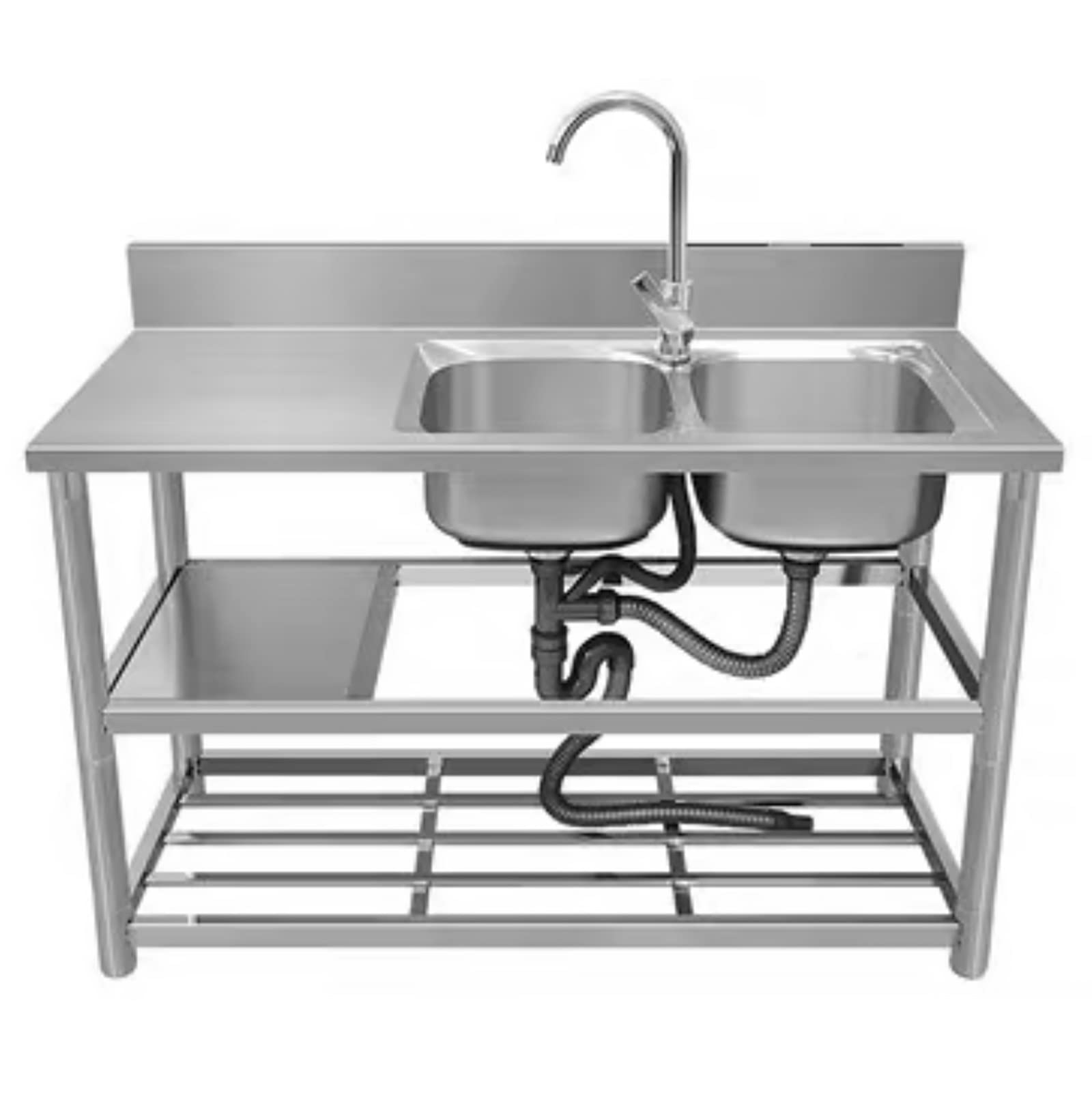 Lavelli a Doppia Vasca, lavello per Catering, lavello da Cucina in Acciaio Inox, lavello da Cucina Industriale con banco da Lavoro e Ripiani, per Esterni e Interni, Garage, Lavande