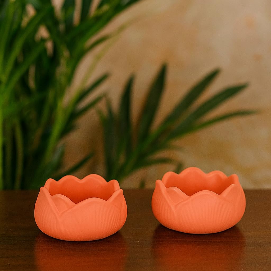 Zen Decor Lotus Tealight Candle Holders – Pack of 2 – Coral Pink Ceramic Flower-Shaped Decorative Diya for Home, Mandir, Wedding, Diwali & Festive Decor-image-14