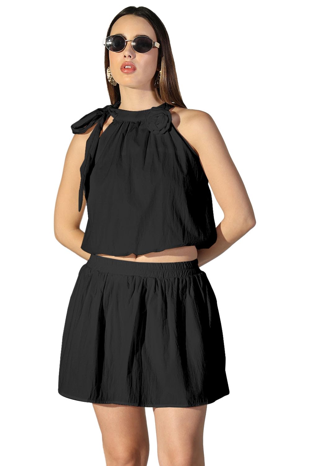 showoffff Women Solid Two-Piece Co Ords | Halter Neck Sleeveless Cotton Co Ords for Womens | Mid-Rise Regular Fit Co Ords for Women's-picture-50