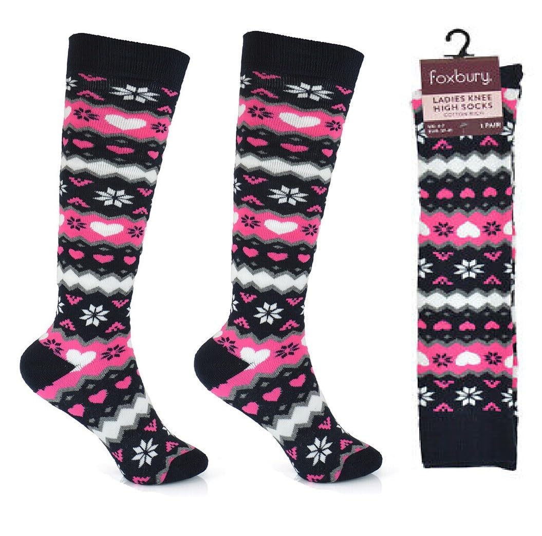 Onlybee Women's Purple & Black Wellington Boot Long Hose Cotton Rich Socks (Uk, Numeric, 4, 7, Regular, Regular, )
