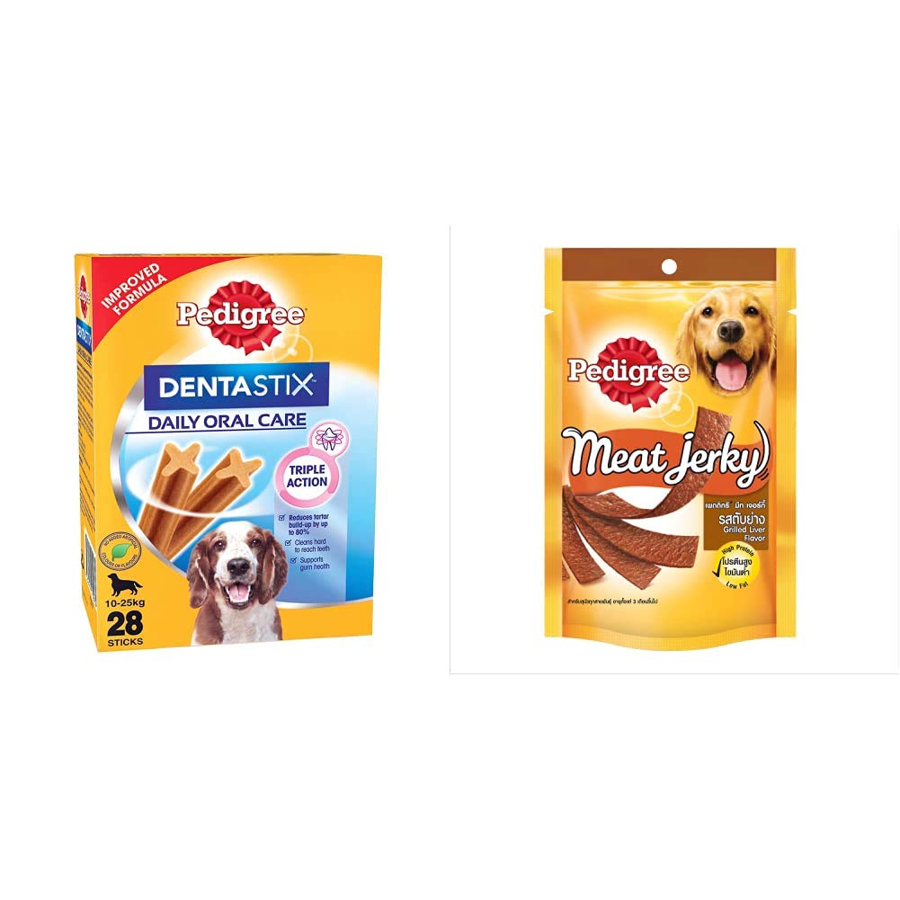 Dentastix Medium Breed (10-25 kg) Oral Care Dog Treat, 720g Monthly Pack (28 Chew Sticks) & Meat Jerky Adult Dog Treat, Grilled Liver, 80g Pouch